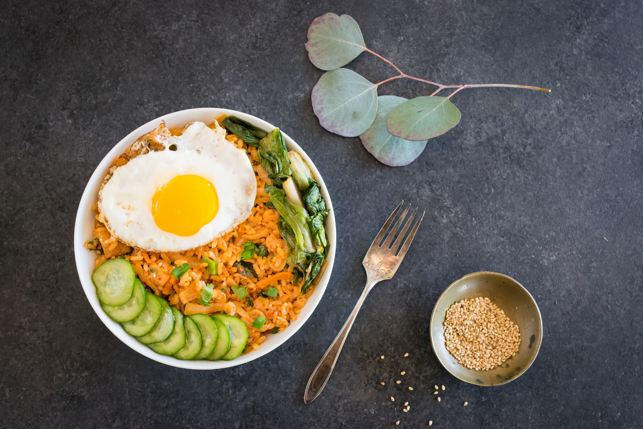 kimchi fried rice bowl with quick cucumber pickles Husbands That Cook